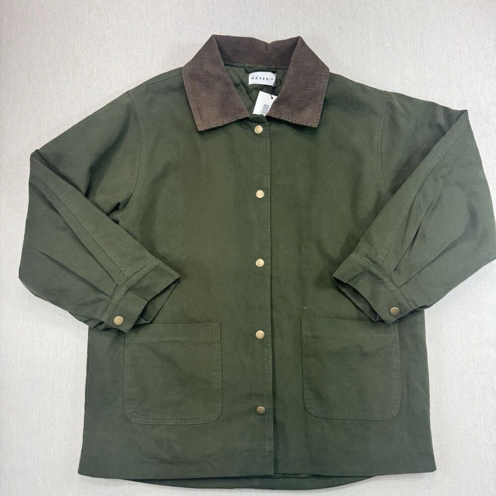 Hayes Petite Quilted Barn Jacket Olive Green Corduroy Collar Snap Coat SP NWT